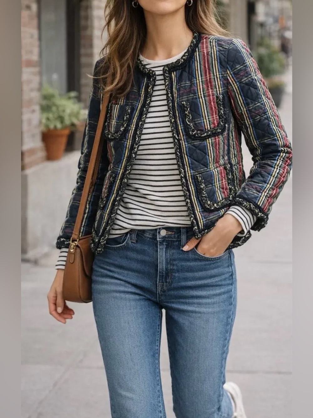 J. Crew Quilted Lady Stewart Tartan Plaid with Braided Trim Collarless Jacket